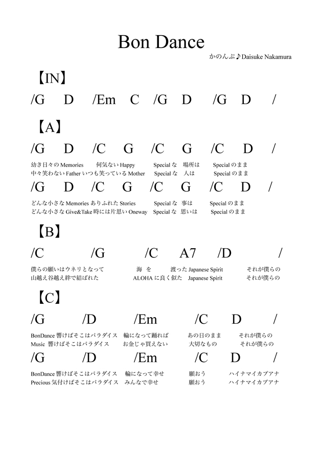 ラブハワイコレクション　オフィシャルソングBONDANCE楽譜